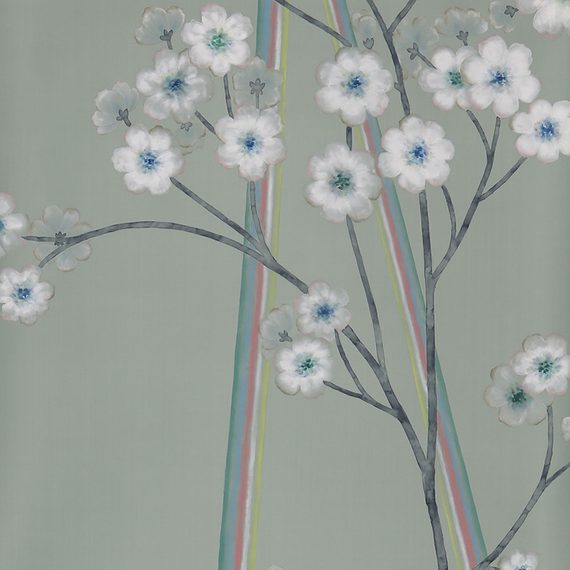 Обои ручная роспись Anemones in Light Daybreak on Blue Grey dyed silk