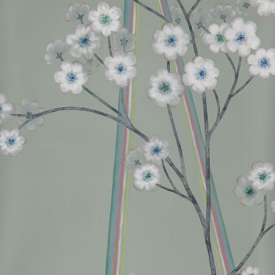 Обои ручная роспись Anemones in Light Daybreak on Blue Grey dyed silk