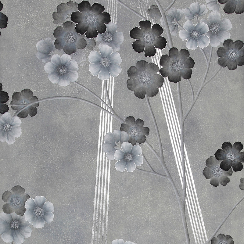 Обои ручная роспись Anemones in Light Dusk colourway on Smoke painted Xuan paper