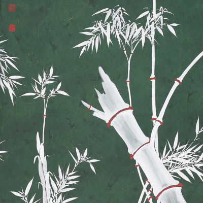 Обои ручная роспись Bamboo Argent on Edo Green painted silk