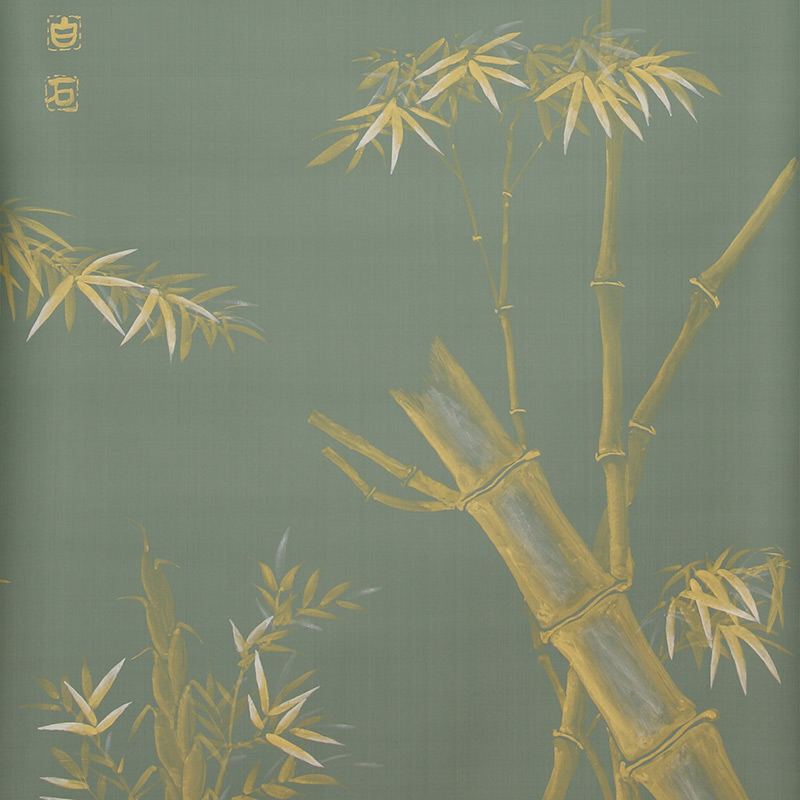 Обои ручная роспись Bamboo Golden on Blue grey dyed silk