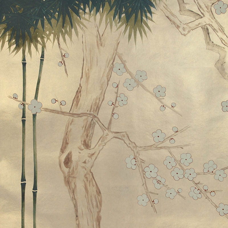 Обои ручная роспись Bamboo River Blossom Original colourway on Brushed Gold gilded paper