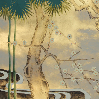 Обои ручная роспись Bamboo River Blossom Original colourway on Deep Rich Gold gilded paper with pearlescent antiquing