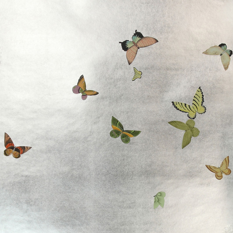 Обои ручная роспись Butterflies Emerald on Tarnished Silver gilded paper