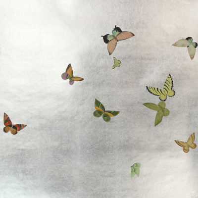Обои ручная роспись Butterflies Emerald on Tarnished Silver gilded paper