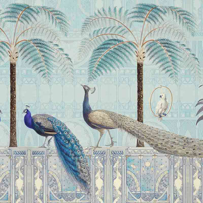 Обои ручная роспись Chinoiserie Birds Palace Sapphire