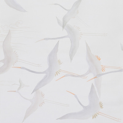 Обои ручная роспись Cranes Scroll Original colourway on Natural Mica metallic silk