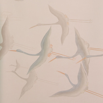 Обои ручная роспись Cranes Scroll Original colourway on Rose Shadow metallic silk