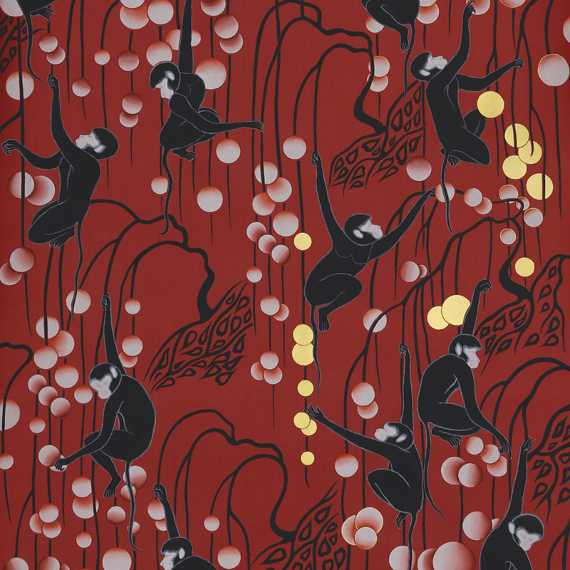 Обои ручная роспись Deco Monkeys Shanghai on Scarlet Lady dyed silk