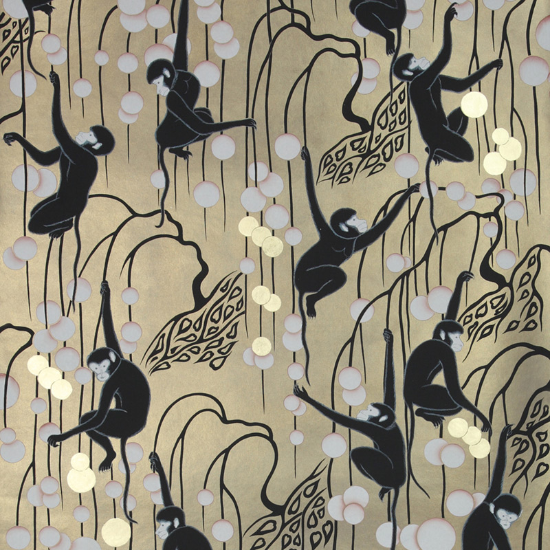 Обои ручная роспись Deco Monkeys Special Colourway on Brushed Gold gilded paper
