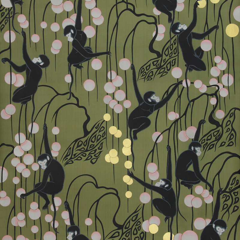 Обои ручная роспись Deco Monkeys Special Colourway on Olive dyed silk
