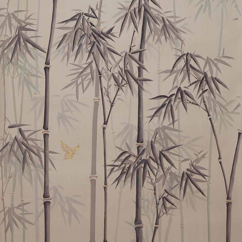 Обои ручная роспись Distant Bamboo Special Colourway on Lead Grey dyed silk
