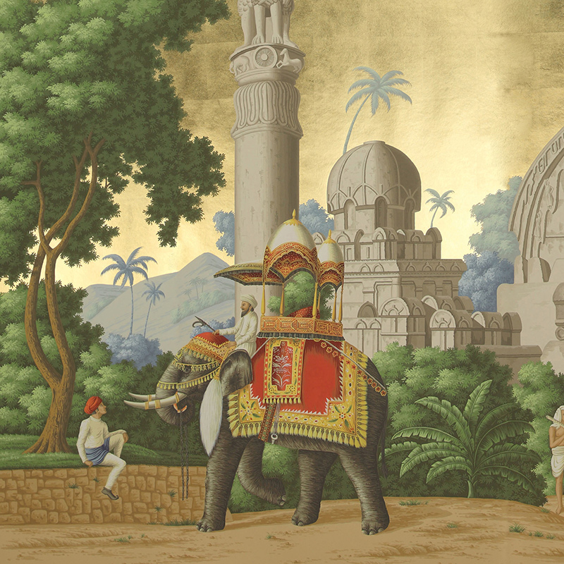 Обои ручная роспись Early Views of India Eden on Deep Rich Gold gilded paper