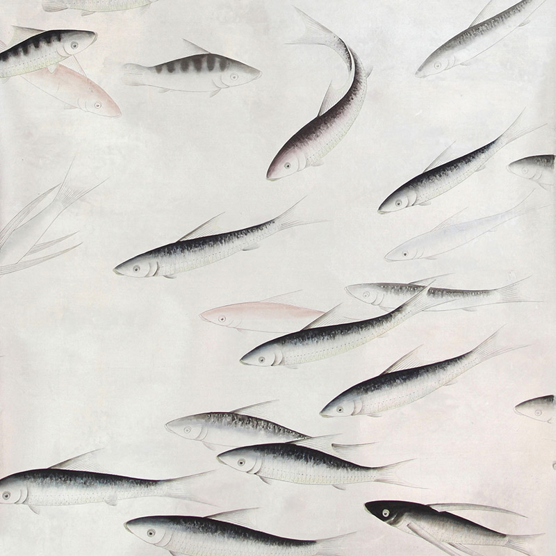Обои ручная роспись Fishes Blue Pearl on Tarnished Silver gilded silk with pearlescent antiquing