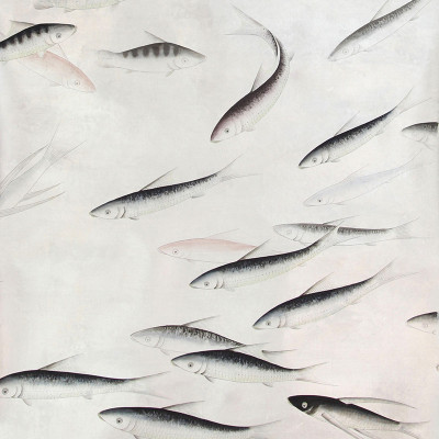 Обои ручная роспись Fishes Blue Pearl on Tarnished Silver gilded silk with pearlescent antiquing
