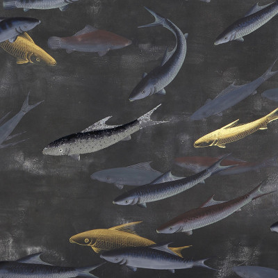 Обои ручная роспись Fishes Colourway SC-125 on Tarnished Silver gilded silk with pearlescent antiquing