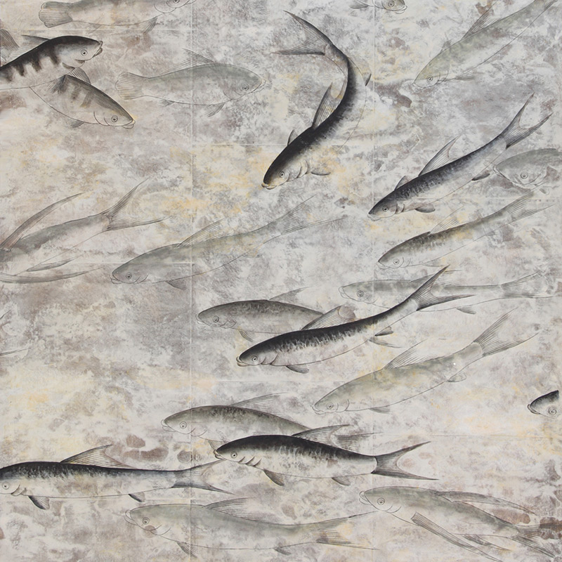 Обои ручная роспись Fishes Original colourway on Tarnished Silver gilded tea paper with pearlescent antiquing