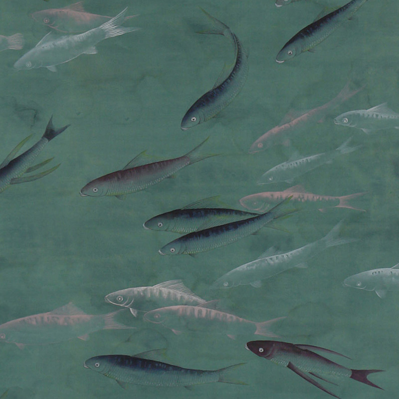 Обои ручная роспись Fishes Special Colourway on blue green painted silk with antiquing