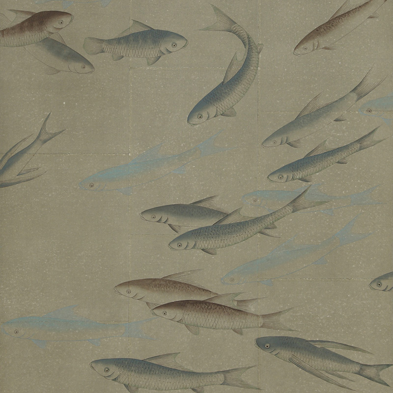 Обои ручная роспись Fishes Special Colourway on Lead Grey India tea paper