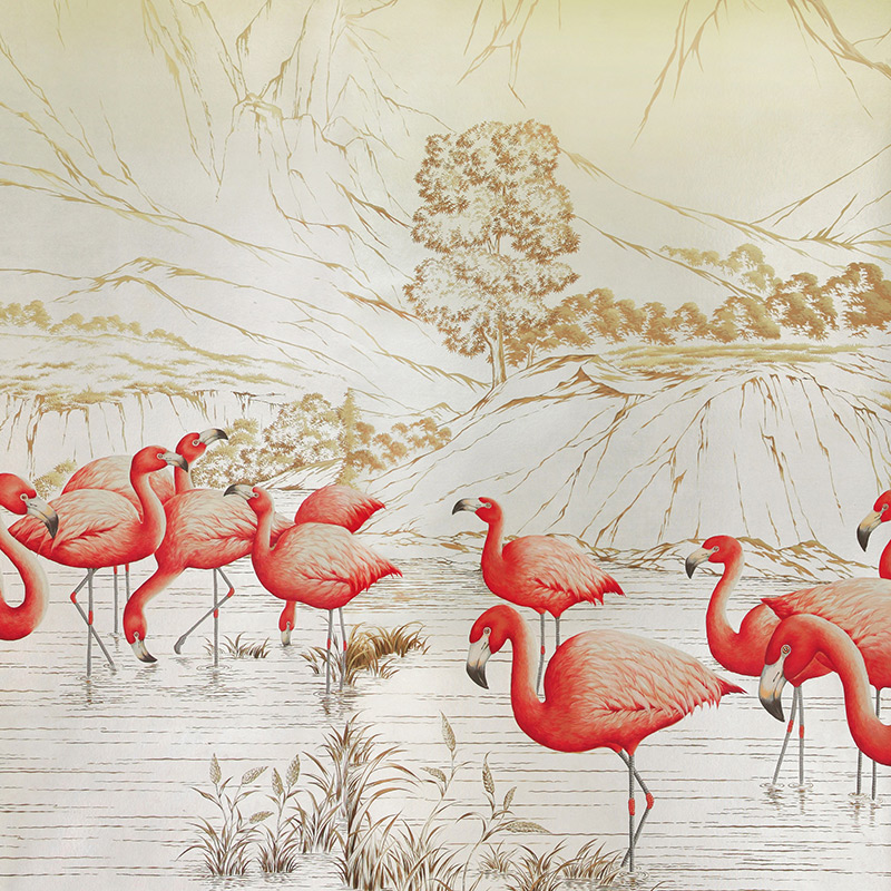 Обои ручная роспись Flamingos Colourway SC-120 on Sterling Silver gilded Xuan paper