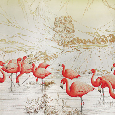 Обои ручная роспись Flamingos Colourway SC-120 on Sterling Silver gilded Xuan paper