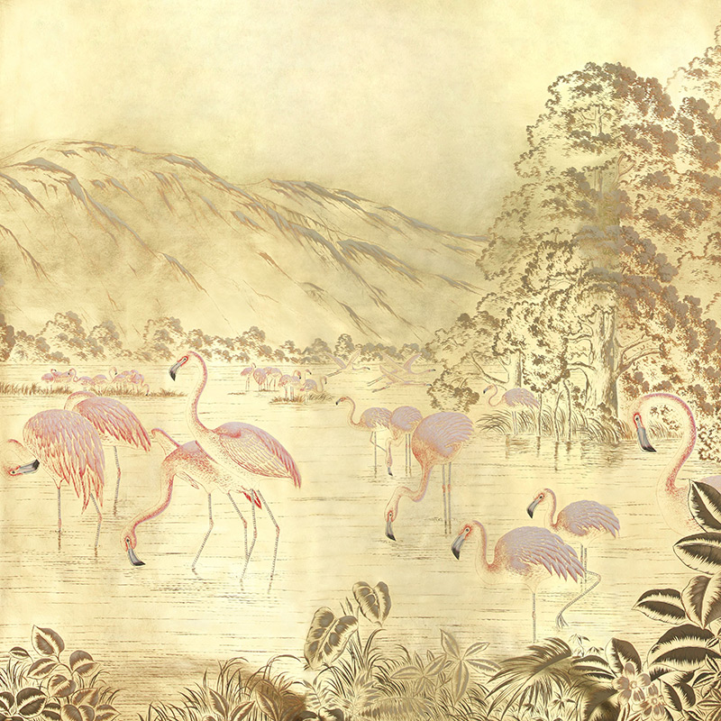 Обои ручная роспись Flamingos Flamingo on Deep Rich Gold gilded paper