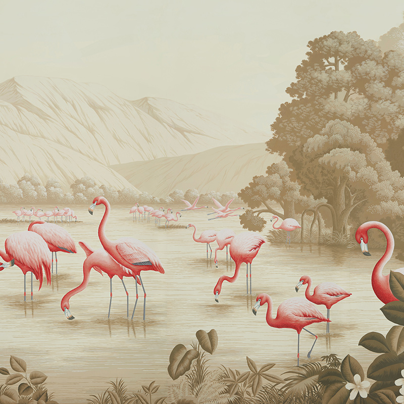 Обои ручная роспись Flamingos Flamingo on Sepia scenic paper