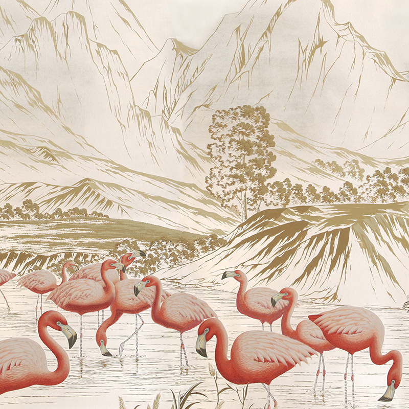 Обои ручная роспись Flamingos Flamingo on Tarnished Silver gilded Xuan paper