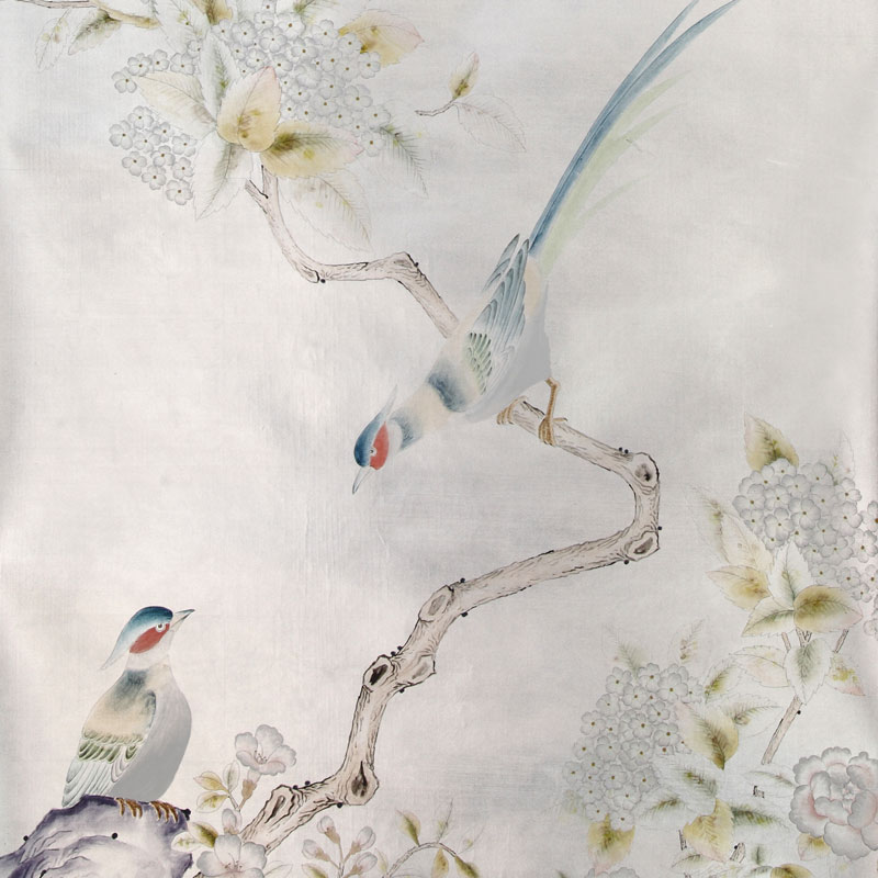 Обои ручная роспись Japanese Garden Special Colourway on Ocean Silver gilded silk