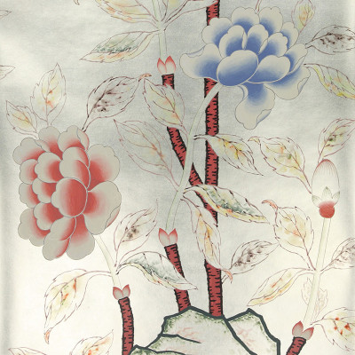 Обои ручная роспись Korean Peony Original colourway on Ocean Silver gilded silk with pearlescent antiquing