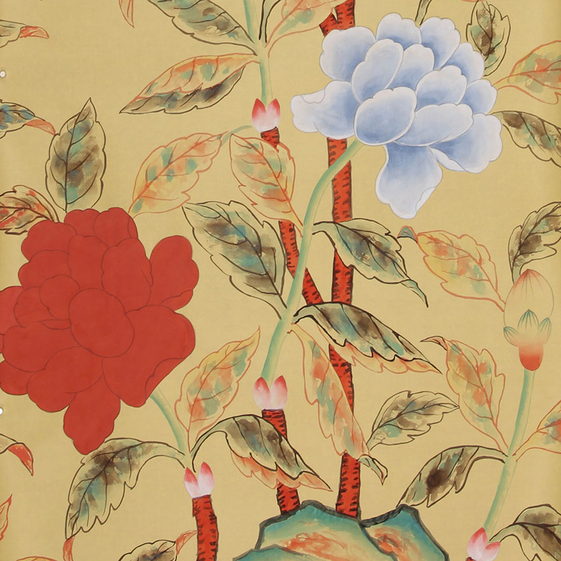 Обои ручная роспись Korean Peony Original colourway on Sienna Earth dyed silk