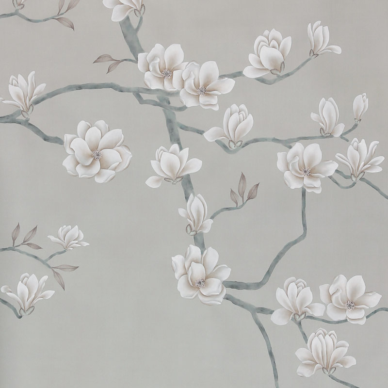 Обои ручная роспись Magnolia Canopy Original Colourway on Oyster Shell metallic silk