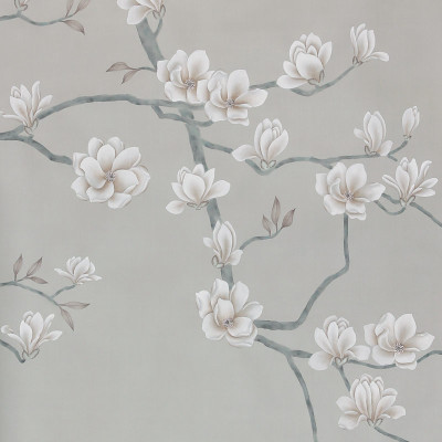 Обои ручная роспись Magnolia Canopy Original Colourway on Oyster Shell metallic silk