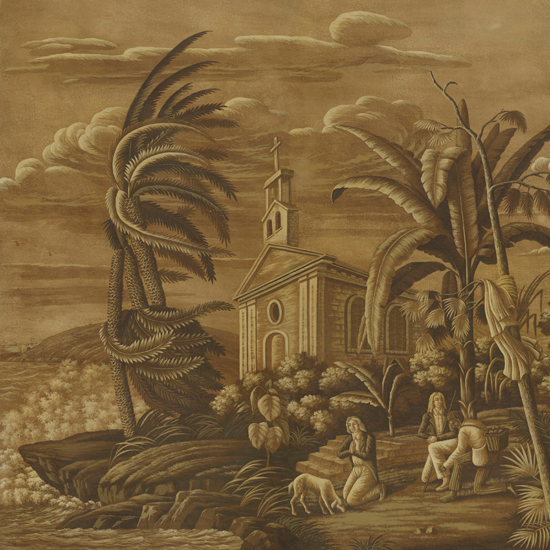 Обои ручная роспись Paul et Virginie Sepia on antique scenic Xuan paper
