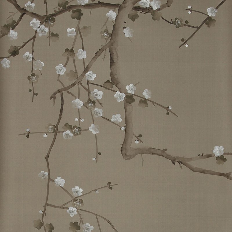 Обои ручная роспись Plum Blossom Colourway SC-232 on Lead Grey dyed silk