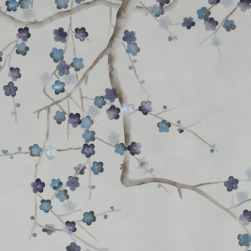 Обои ручная роспись Plum Blossom Colourway SC-81 on Oyster Shell metallic silk