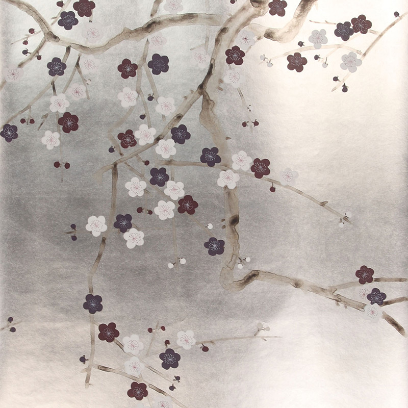 Обои ручная роспись Plum Blossom Lavender on Tarnished Silver gilded paper