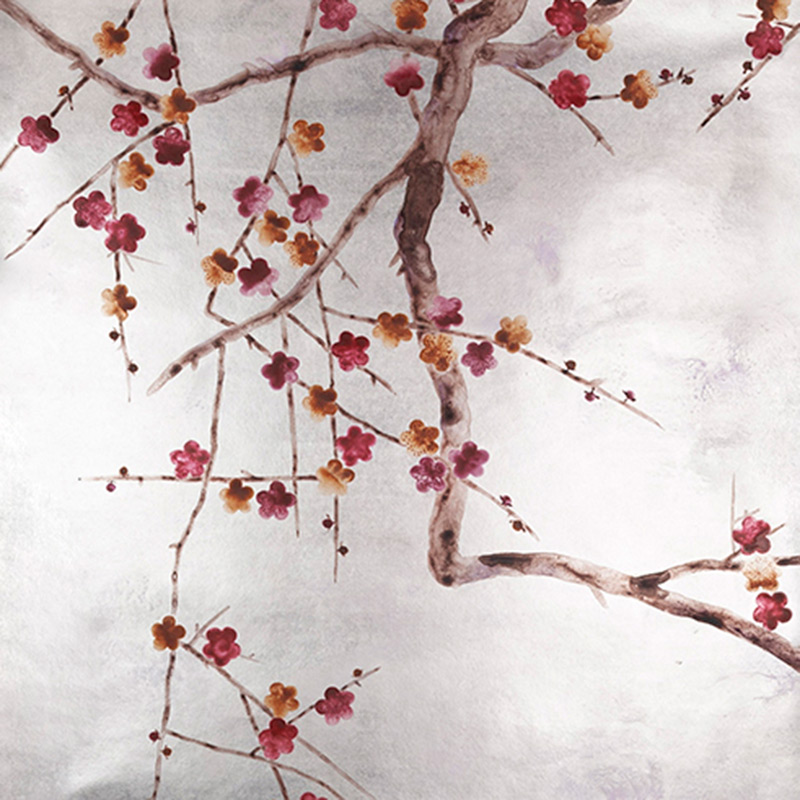 Обои ручная роспись Plum Blossom Original colourway on Tarnished Silver gilded paper with pearlescent antiquing