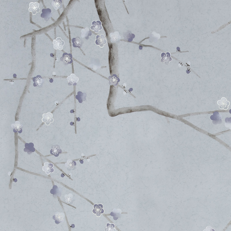 Обои ручная роспись Plum Blossom Special Colourway on Crackled Silver metallic silk