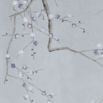 Обои ручная роспись Plum Blossom Special Colourway on Crackled Silver metallic silk