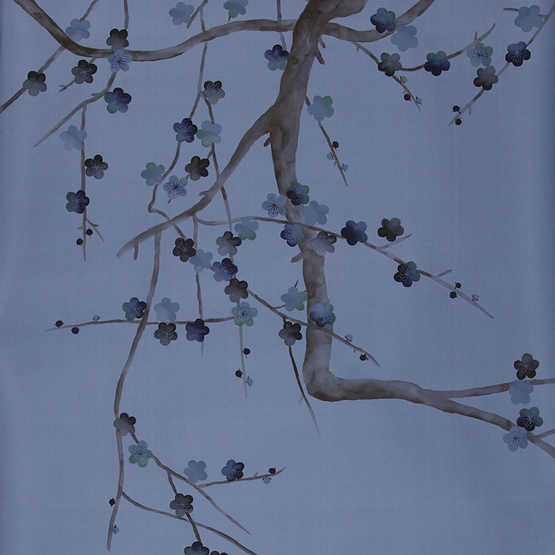 Обои ручная роспись Plum Blossom Special Colourway on Sky Blue dyed silk