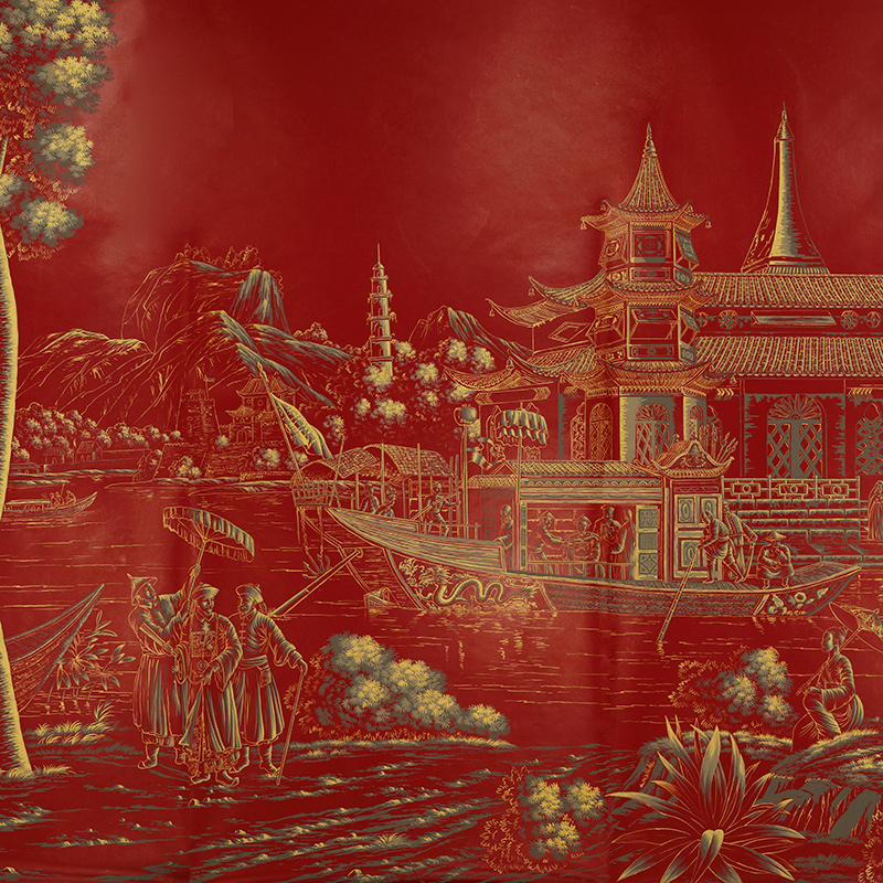 Обои ручная роспись Procession Chinoise Gold Outline on Scarlet Lady dyed paper with lacquered finish