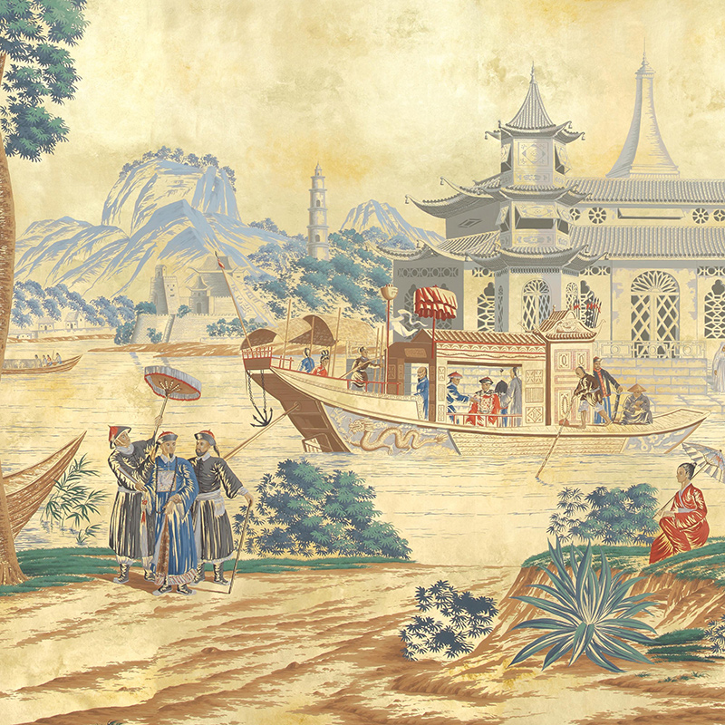 Обои ручная роспись Procession Chinoise Special Colourway on Warm Gold gilded paper
