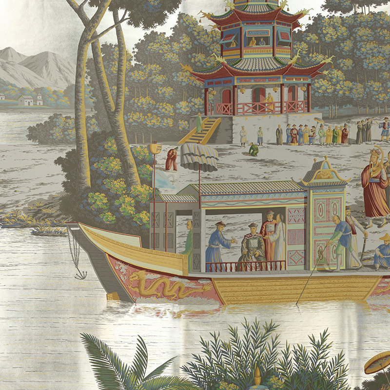 Обои ручная роспись Procession Chinoise Special Colourway on White Metal gilded paper
