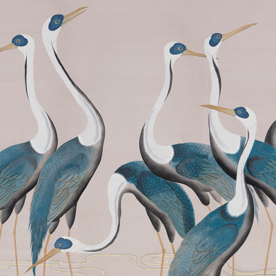 Обои ручная роспись Sarus Cranes Colourway SC-205 on Almost Mauve metallic slub silk