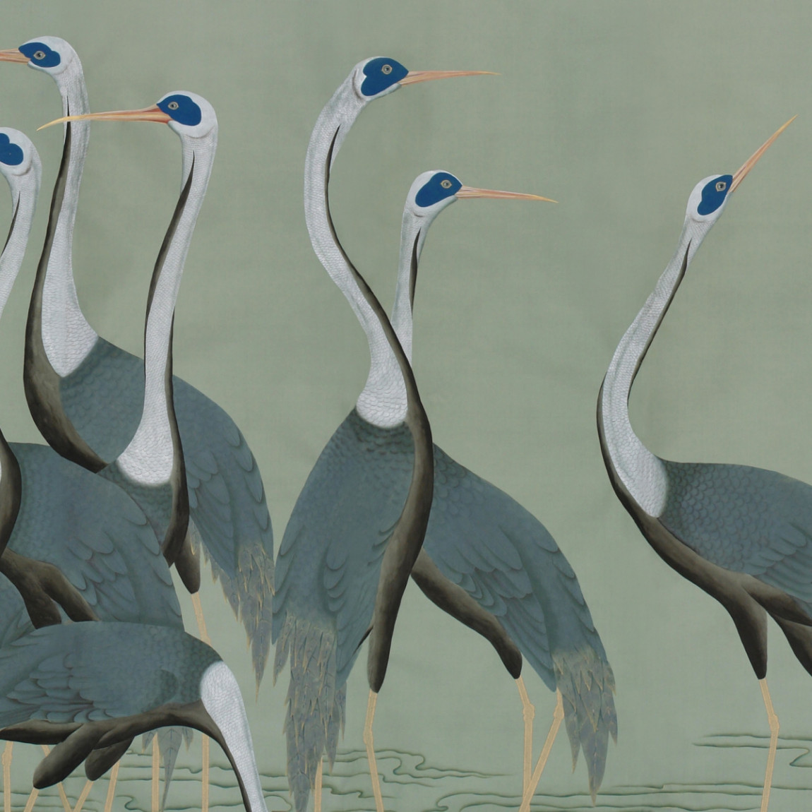 Обои ручная роспись Sarus Cranes Colourway SC-206 on Blue Grey dyed silk