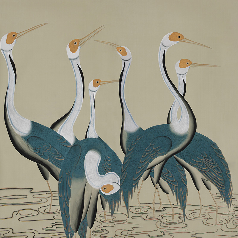 Обои ручная роспись Sarus Cranes Colourway SC-208 on Icefield dyed silk