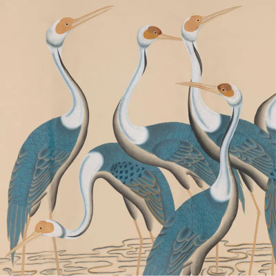 Обои ручная роспись Sarus Cranes Colourway SC-208 on Raw Silk dyed silk