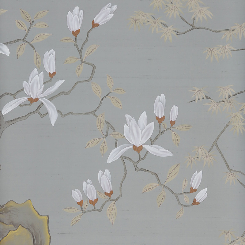 Обои ручная роспись Summer Night Blossom Colourway SC-122 on Wood Ash slub silk