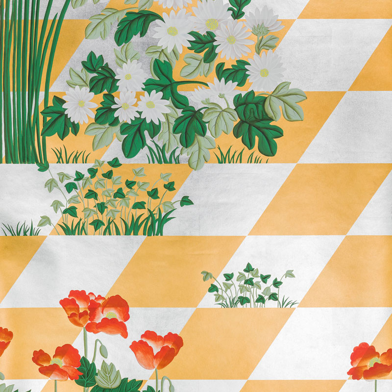 Обои ручная роспись Tiled Meadow Original colourway on Egyptian Gold gilded paper